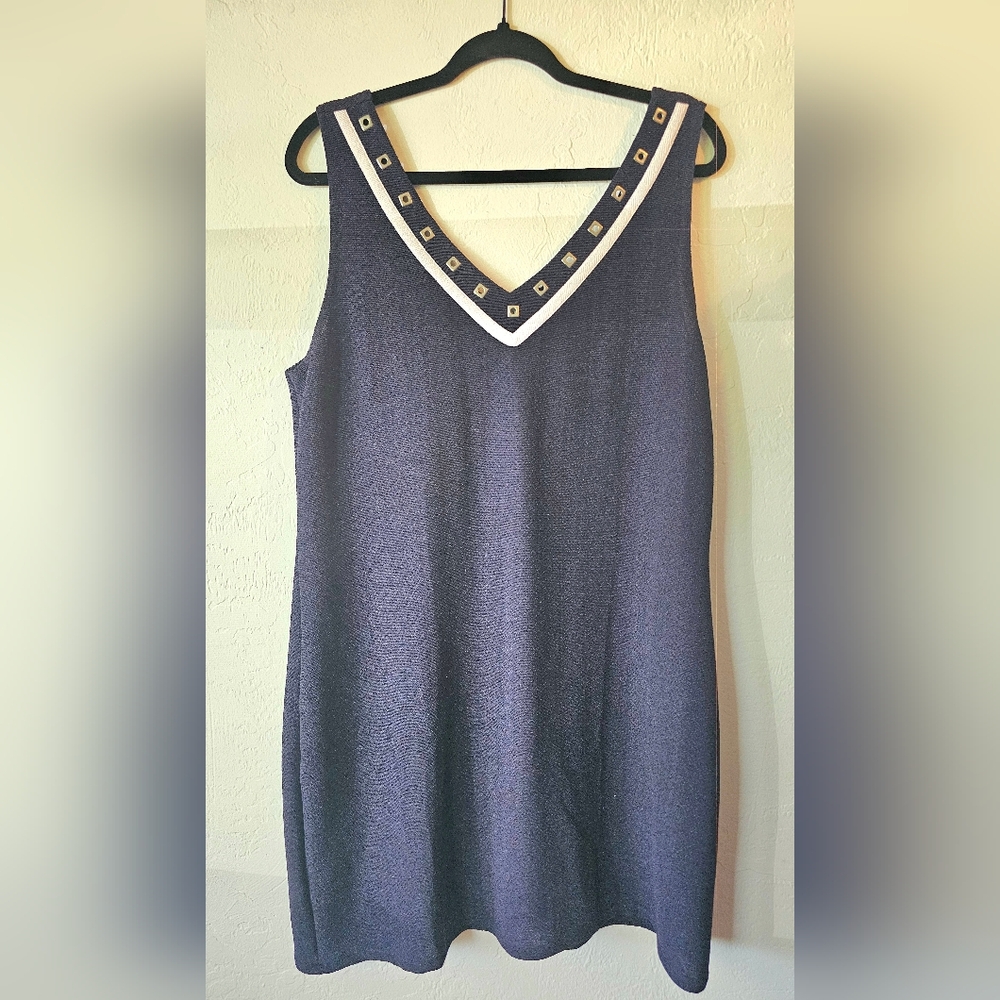 Navy Sleeveless Dress with Studded V-Neck